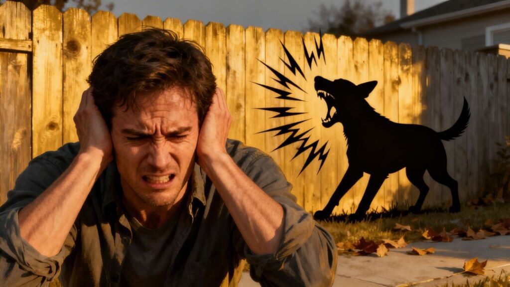 Person annoyed by neighbor's barking dog.