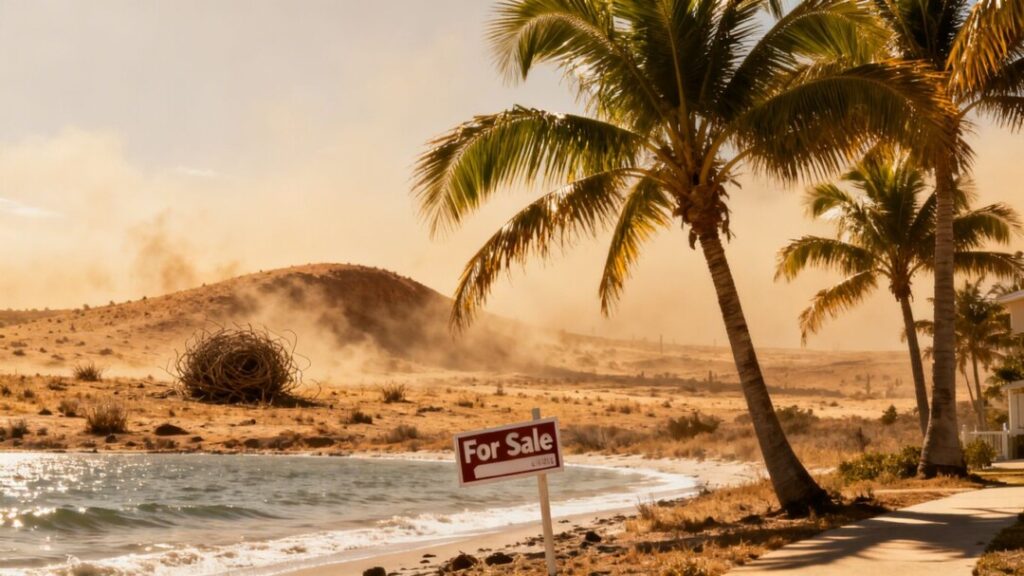 Florida coast and Western landscape with palm trees and tumbleweed.