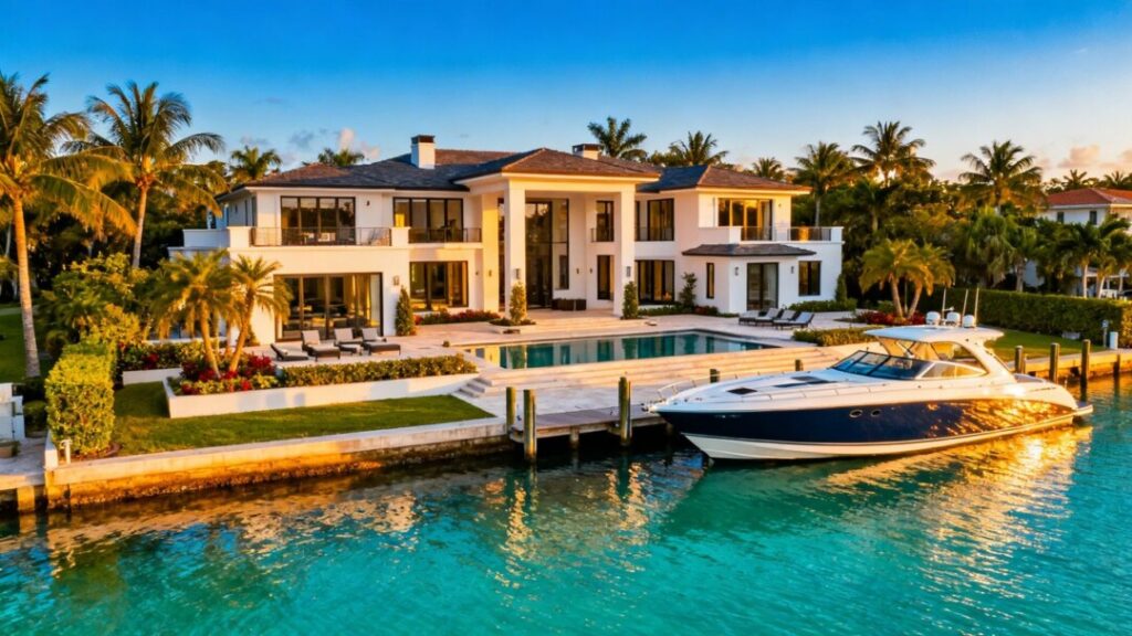 Palm Beach County mansion with speedboat and blue sky.