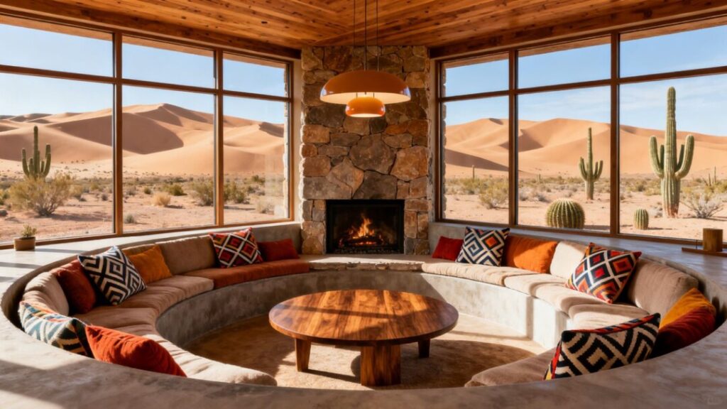 Lily Tomlin's mid-century living room with sunken pit.