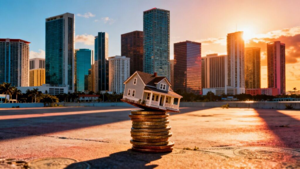 Miami skyline with a house balanced on coins.
