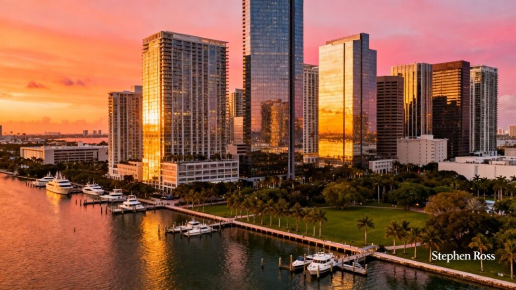 West Palm Beach skyline with modern buildings and waterfront.