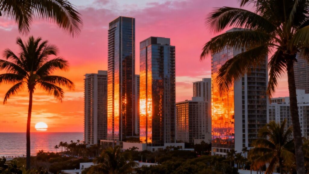 Miami skyline at sunset with palm trees and ocean.