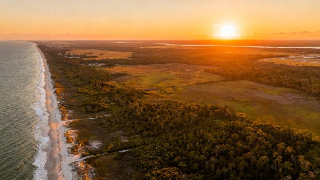 Florida landscape with diverse terrain and sunset.