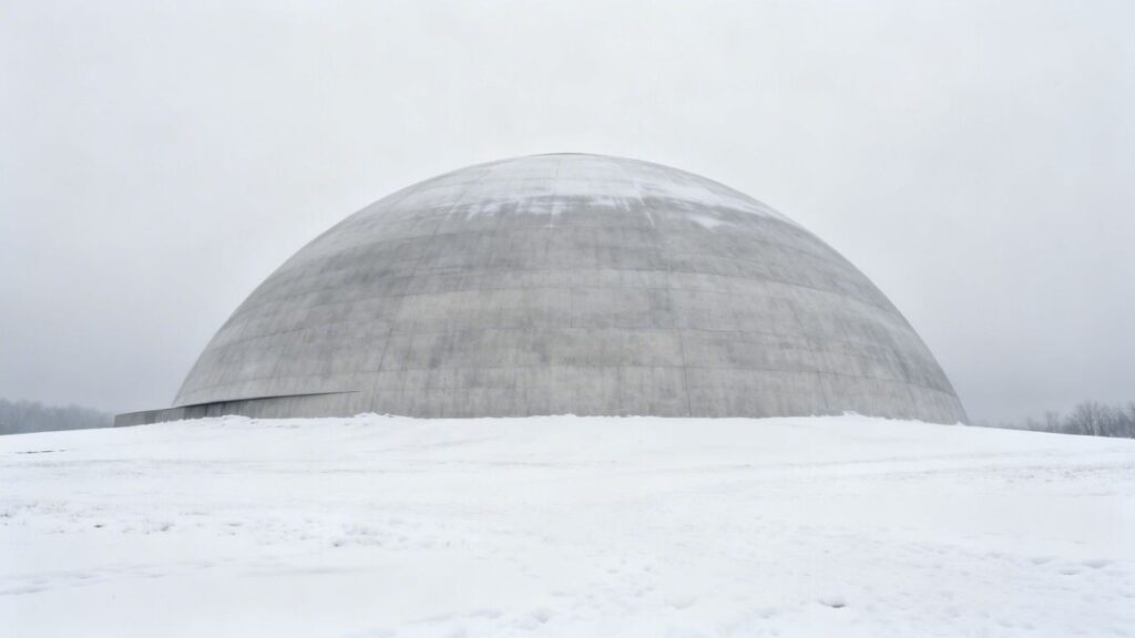 Large concrete dome home in snowy Minnesota landscape.