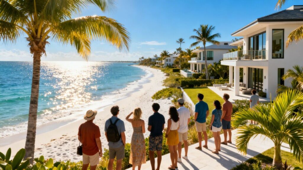 Florida coast with international buyers viewing homes.