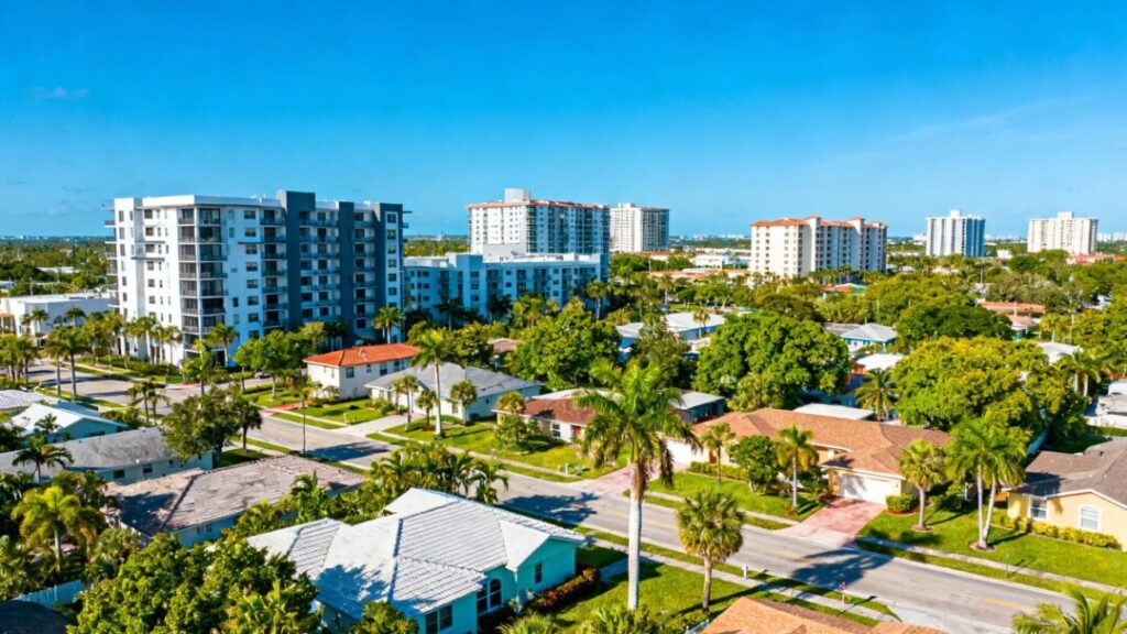 Broward County cityscape with diverse housing and palm trees.