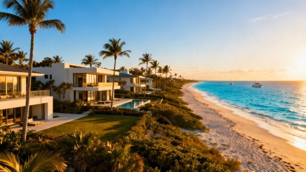 Florida coastline with homes and palm trees.