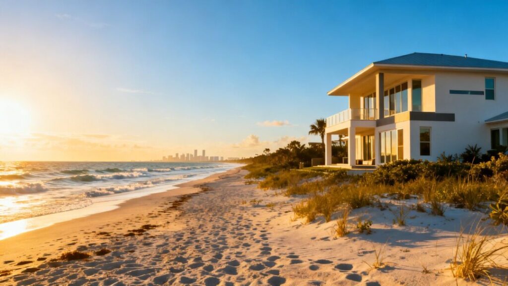 Florida coast with house, waves, and city skyline.
