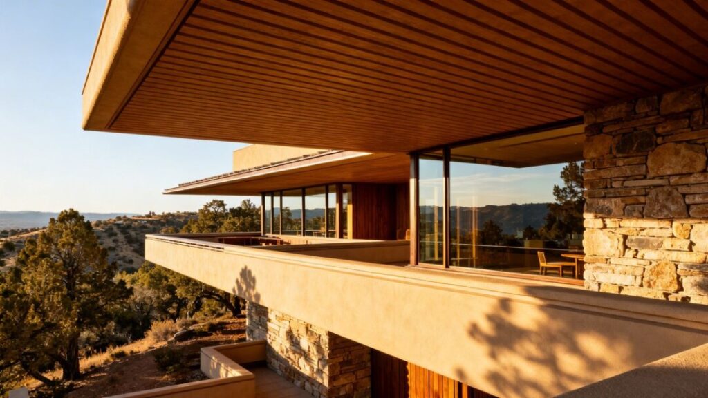 Iconic Frank Lloyd Wright home exterior with natural materials.