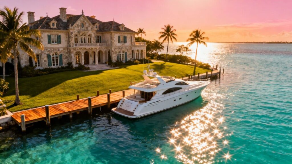 Florida luxury mansion with waterfront view and yacht.