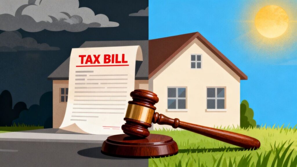 Florida house with tax bill versus clear sky.