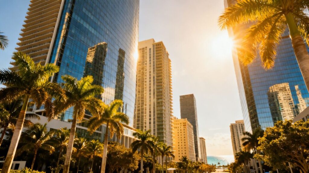 South Florida cityscape with skyscrapers and palm trees.