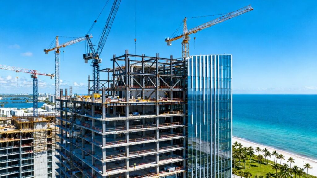 Skyscraper construction with cranes and South Florida coastline.