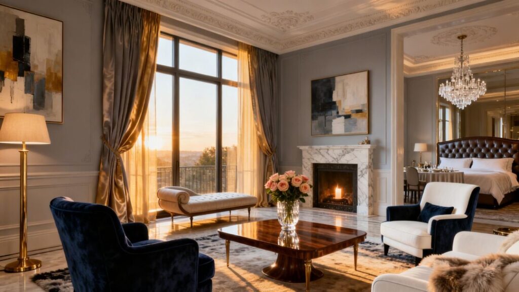 Luxurious hotel suite interior with elegant decor and natural light.