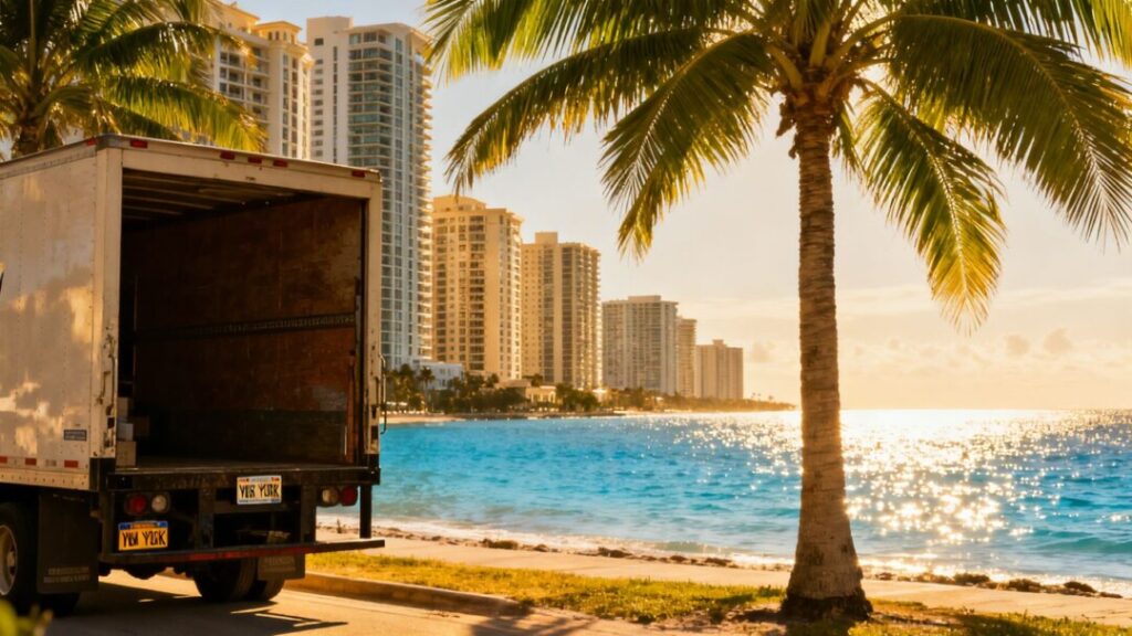 New York moving truck arrives in sunny South Florida real estate.