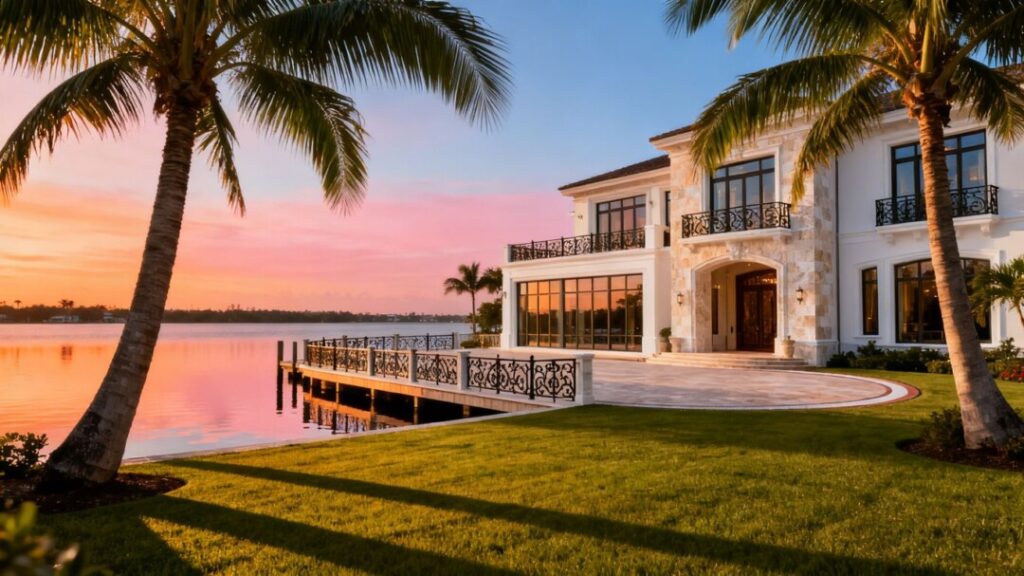 Luxury South Florida mansion with waterfront view and palm trees.