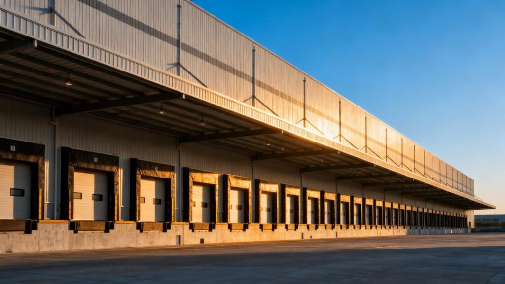 Modern warehouse building with loading docks.