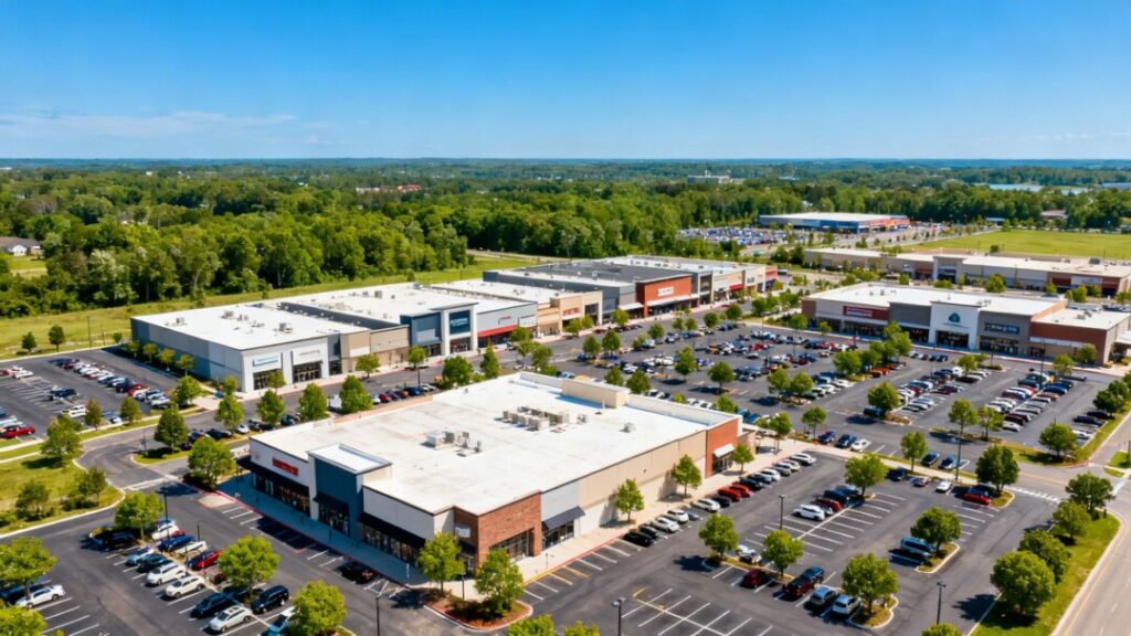 Aerial view of a shopping plaza with buildings and parking lots.