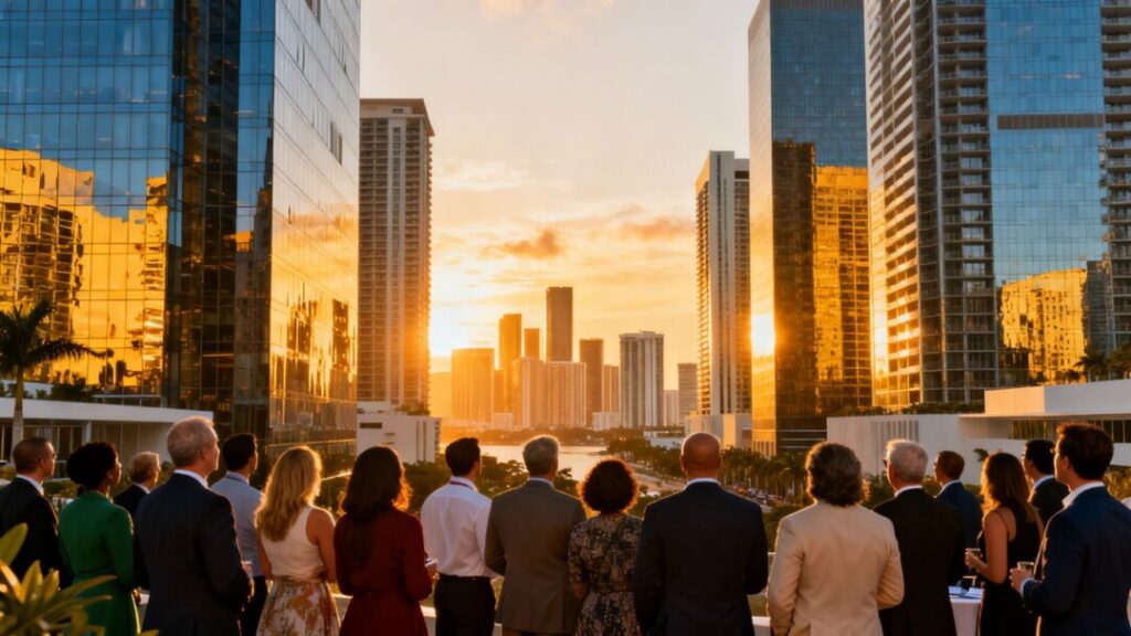 South Florida skyline with investors, real estate boom.