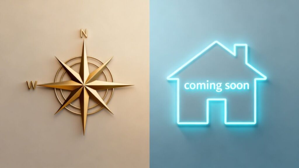 Compass and house silhouette with 'coming soon' glow.