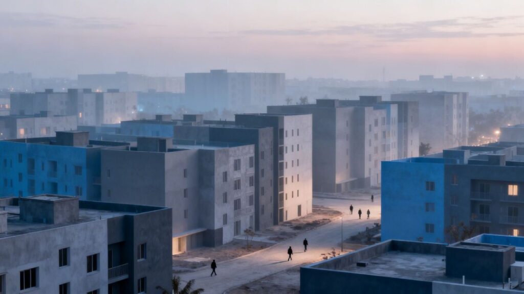 Cityscape with merging buildings, fewer people.