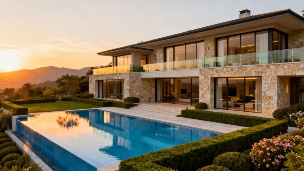 Luxury mansion with pool at sunset