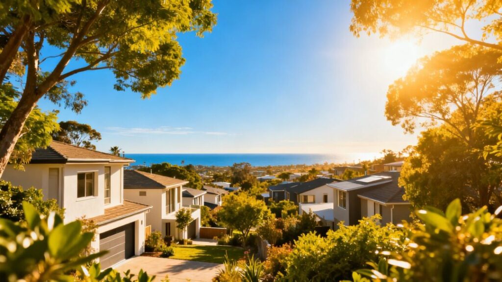 Central Florida skyline with modern homes and bright sunshine.
