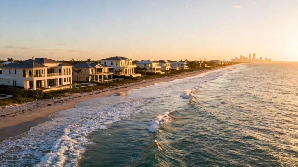 Florida homes by the ocean with city skyline.