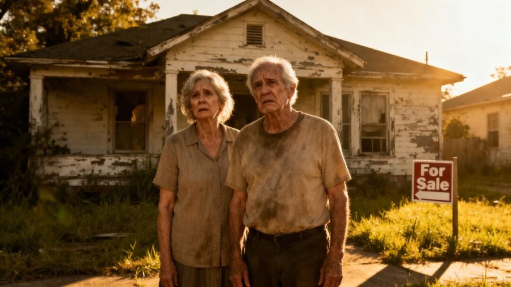 Seniors worried outside a house with a 'For Sale' sign.