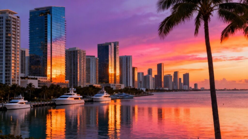 Miami skyline with ocean, buildings, and yachts.