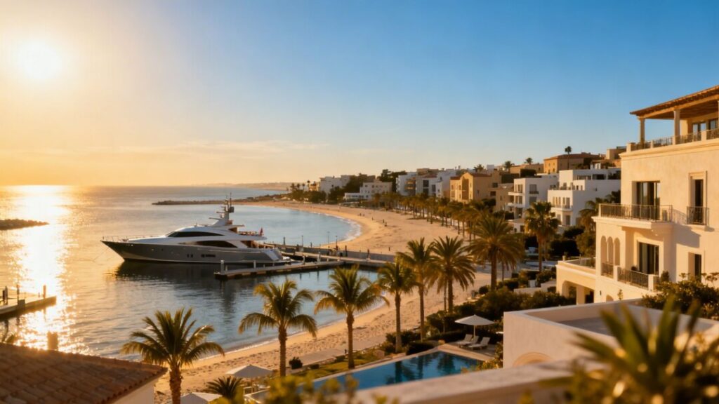Luxury coastal town with yachts and palm trees.