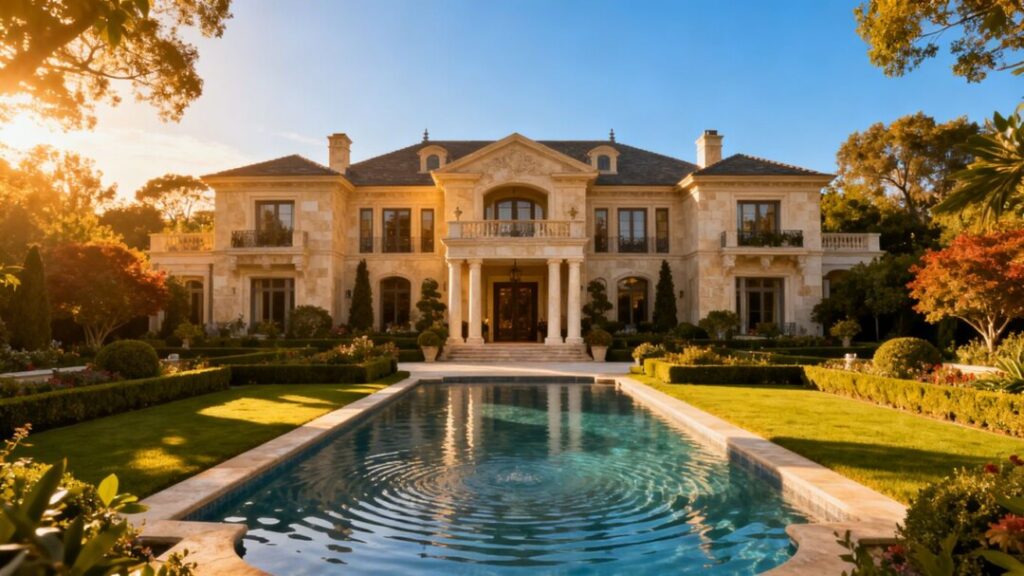 Larry Ellison's opulent Florida estate with pool and gardens.