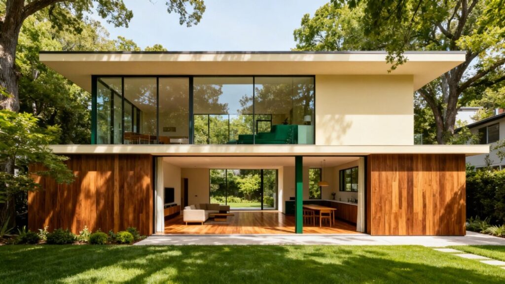 Mid-century modern townhome with large windows and wood accents.