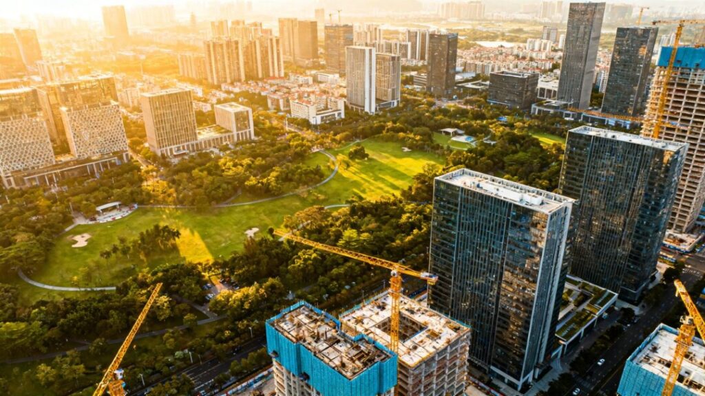 Urban district redevelopment with buildings and green spaces.