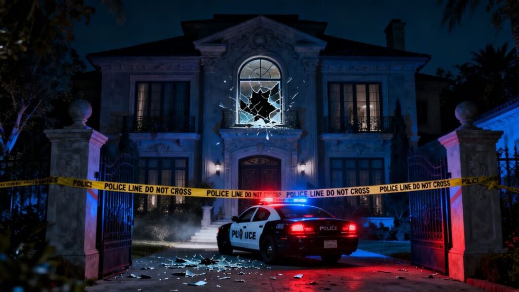 Mansion with broken window and police tape.