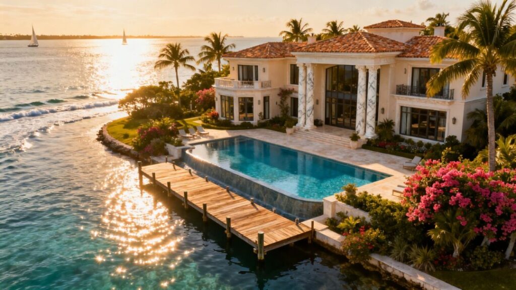 Luxury waterfront mansion on Everglades Island, Palm Beach.