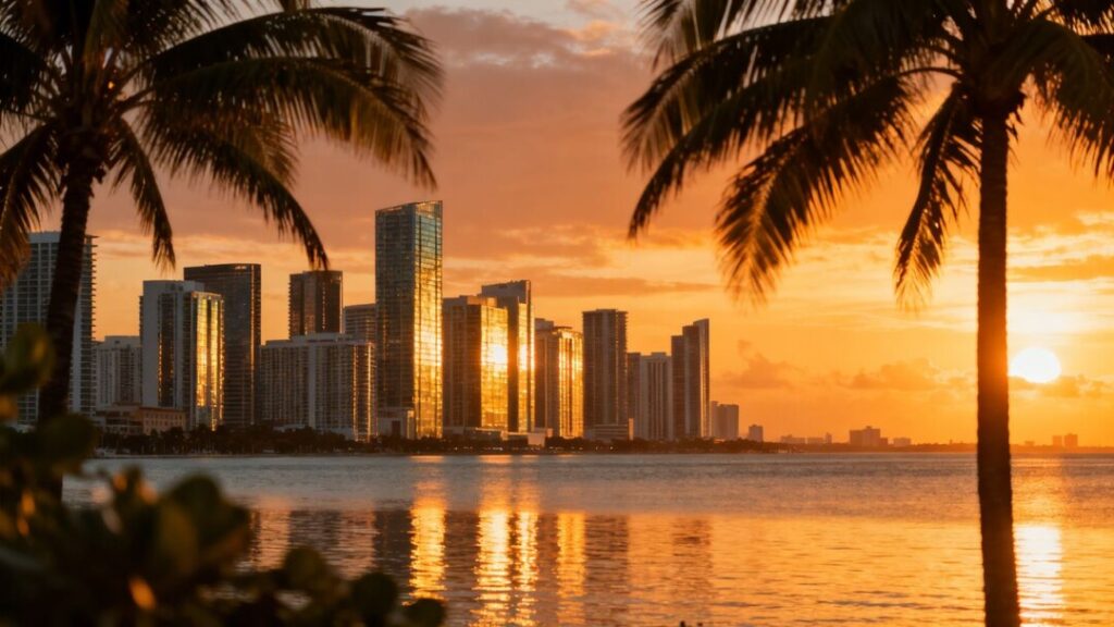 Miami skyline with ocean and palm trees.