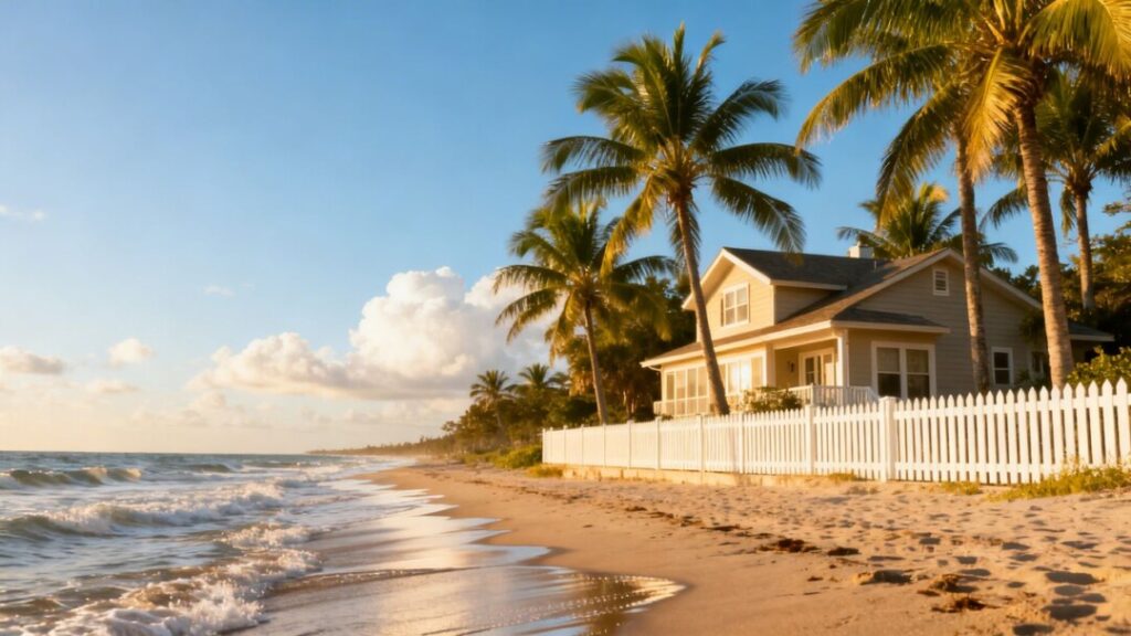 Florida home by the beach with palm trees.