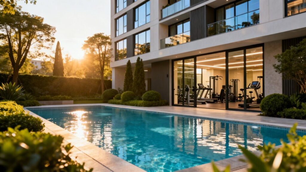 Luxury apartment building with pool and amenities.
