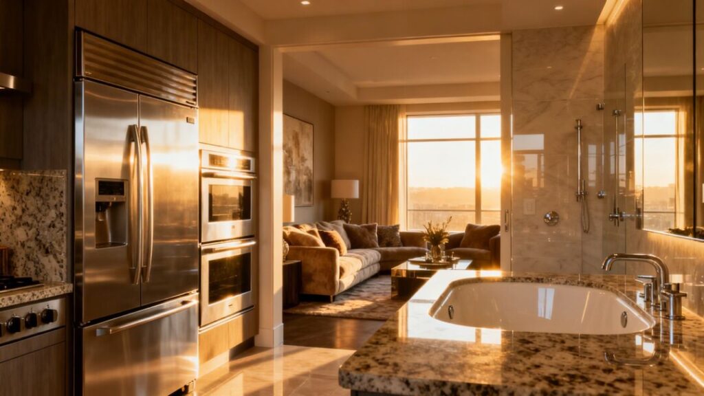 Modern home interior with stylish kitchen and living room.