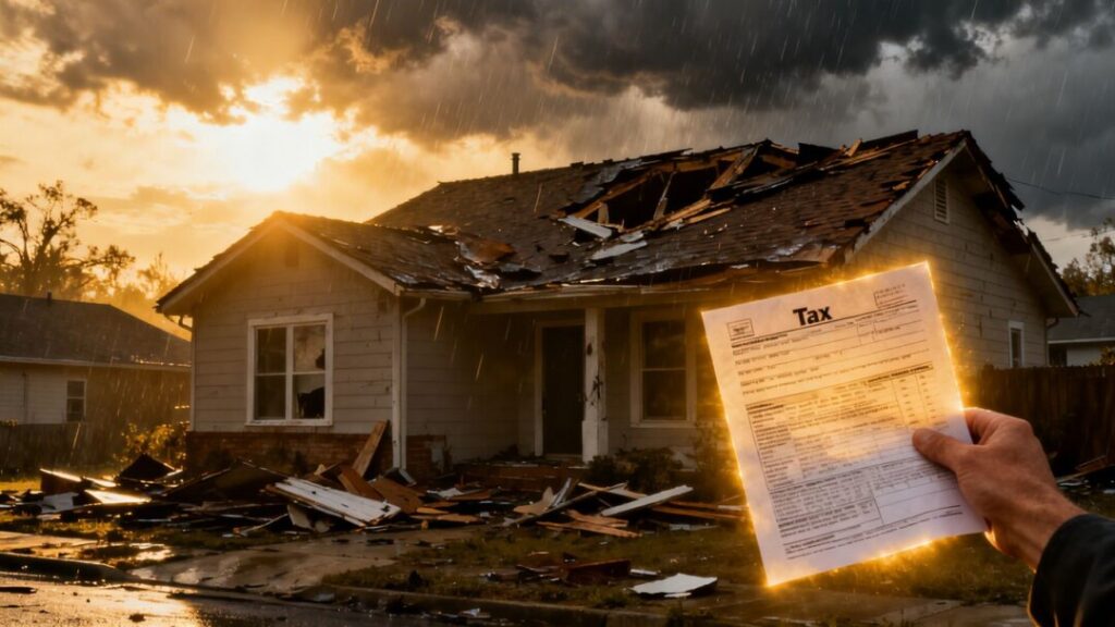 House with storm damage and tax relief document.