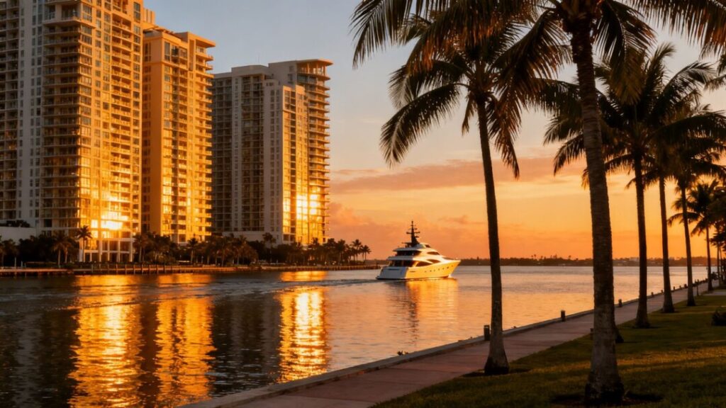 Miami skyline with luxury condos and palm trees.