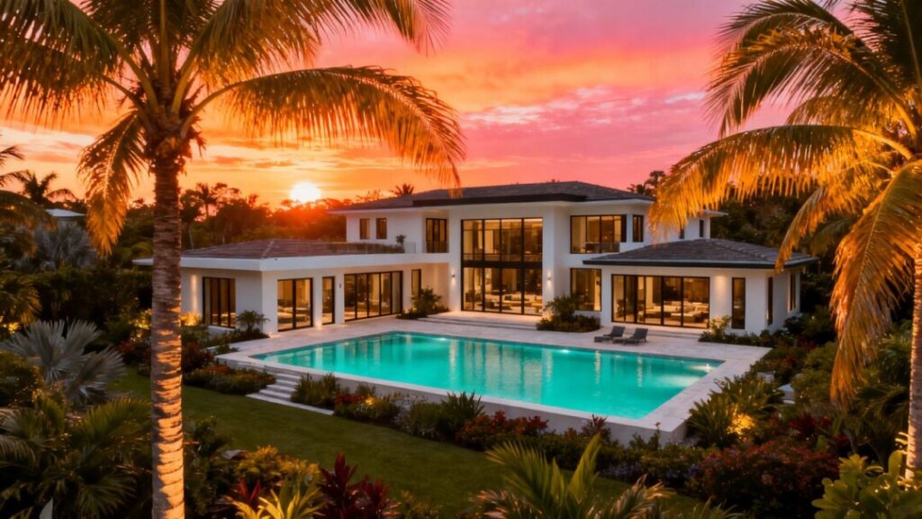 Luxury Florida mansion with pool at sunset.