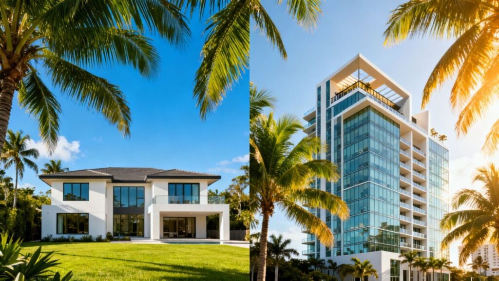 South Florida homes: single-family house and condo tower.