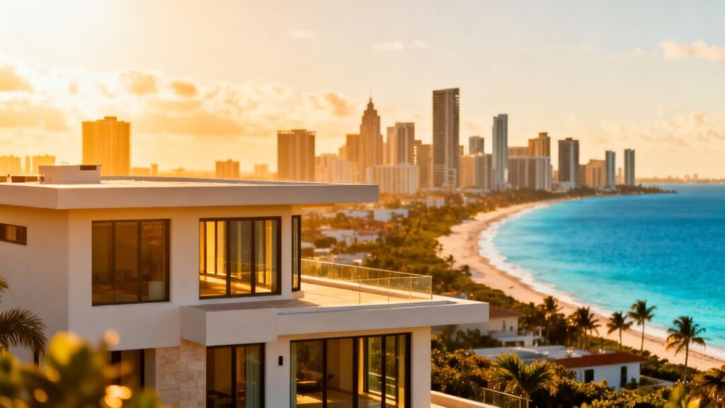 Florida housing market rebound with sunny cityscape and modern house.