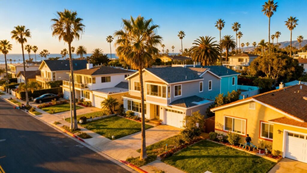 Southwest Florida homes with palm trees under a blue sky.