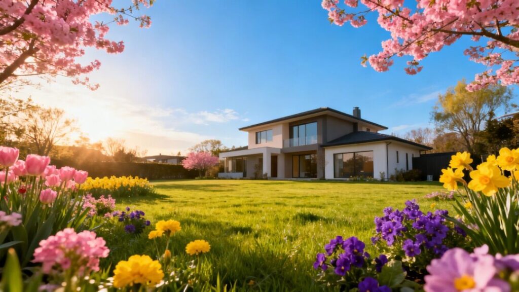 House with blooming flowers and green grass under a sunny sky.