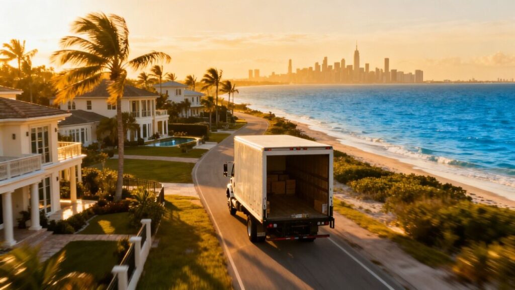 Palm Beach mansions with a moving truck leaving NYC.