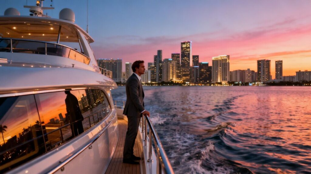 Miami skyline with luxury yacht and businessman.